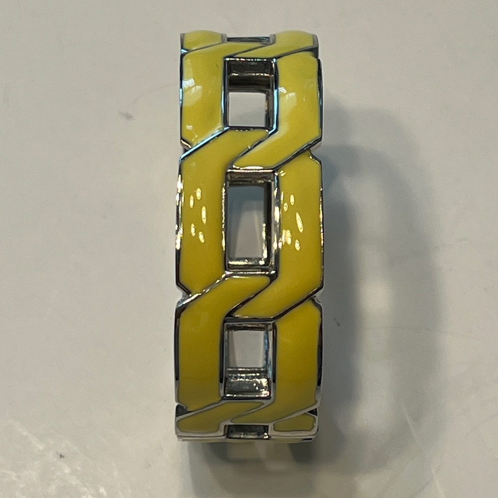 Vintage Bangle Bracelet Yellow Enamel Silver Hinged Chunky 1980s